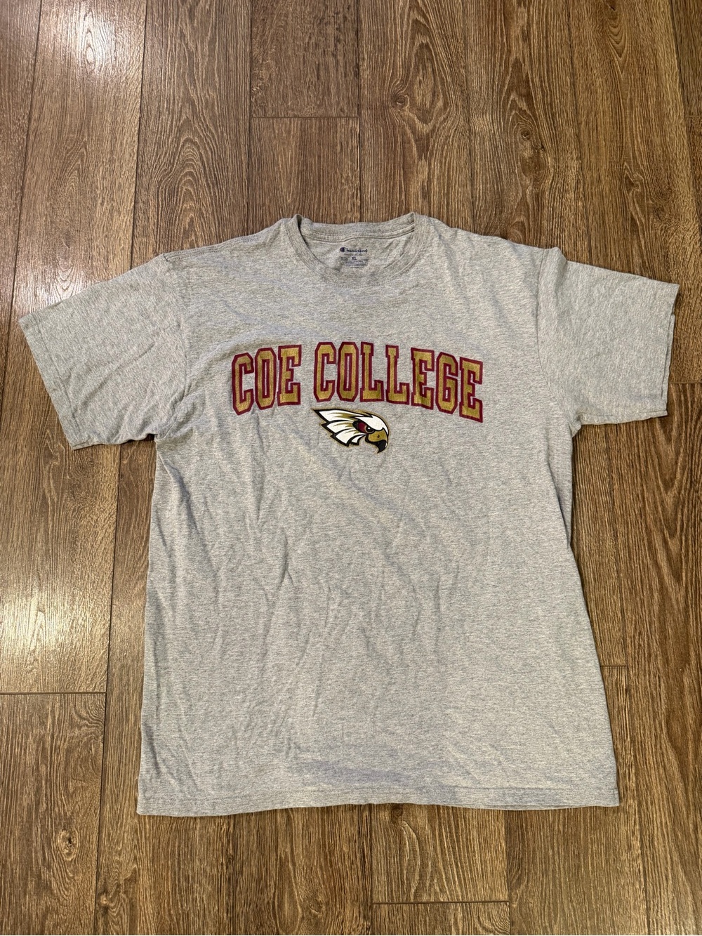 Champion Grey Coe College Eagle Graphic Tee with Maroon and Gold Letters